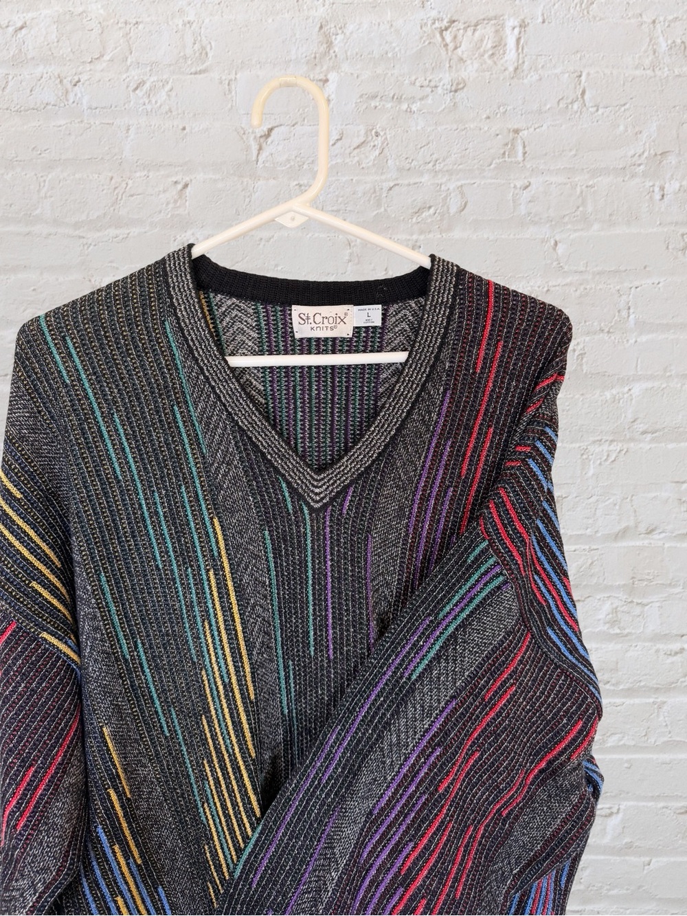 St. Croix Knits Vintage 90s Multicolor Stripe V-Neck Grandpa Sweater USA Large - Picture 4 of 6